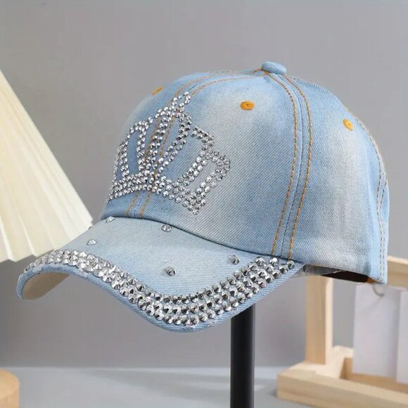 Ladies Denim Baseball Cap with Rhinestone Crown - Picture 1 of 1